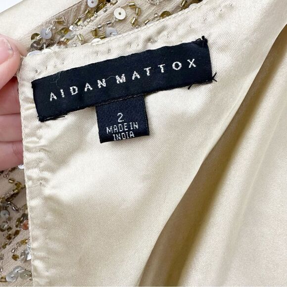 Aidan Mattox Silk Dress Gold Beaded Sequin Cold Shoulder Mini Cocktail Prom Sz 2 - Picture 6 of 15